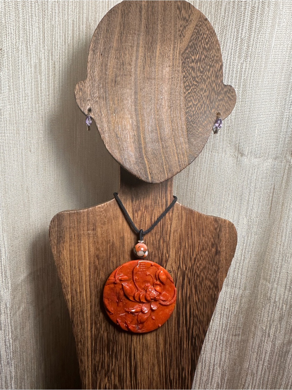 Large Round Red Agate Lotus and Dragonfly Pendant Necklace on Black Rope - Picture 5 of 13